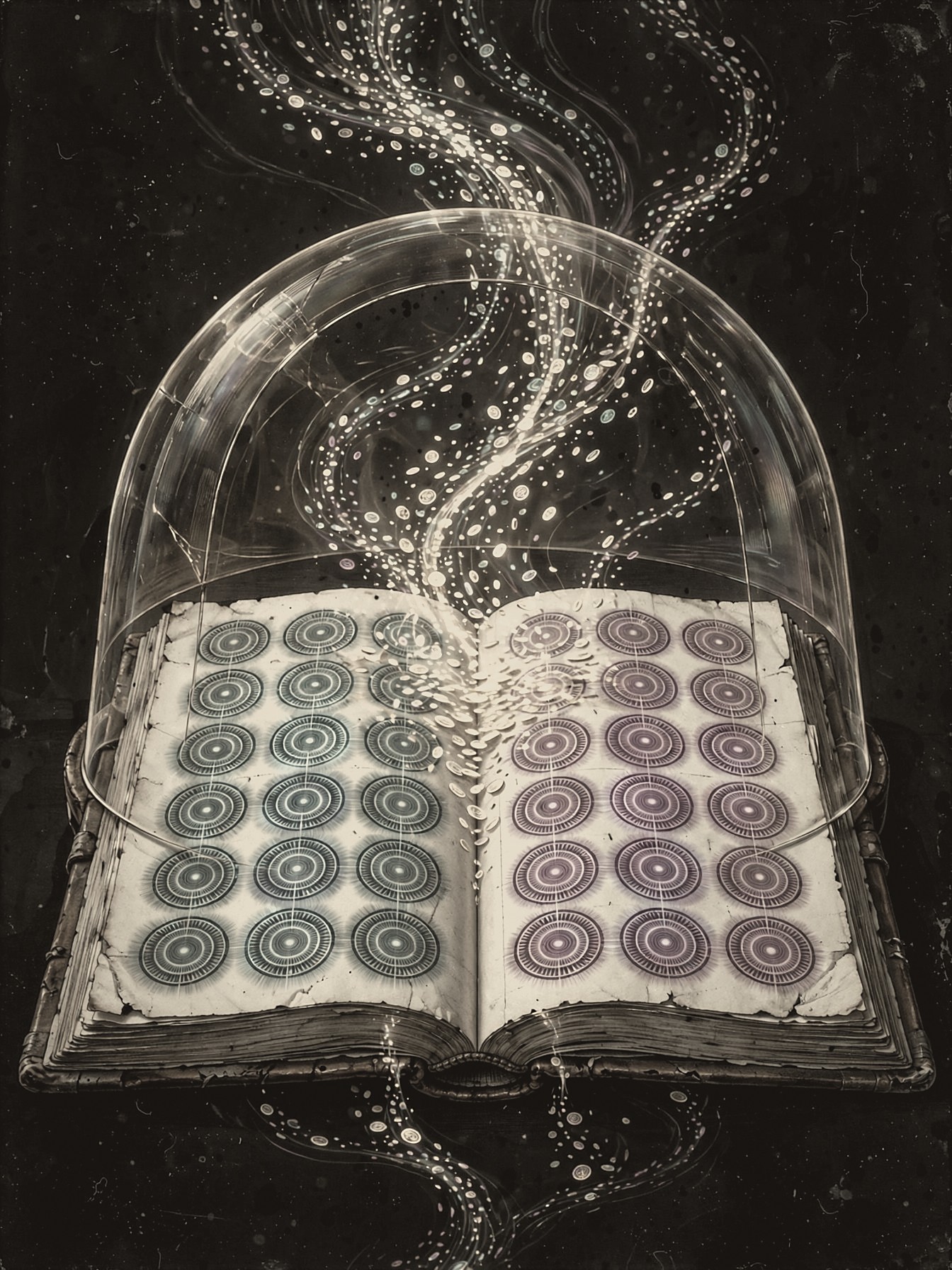 An open ledger book stamped with teal and magenta receipt seals, streams of glowing tokens flowing in beneath a protective amber dome