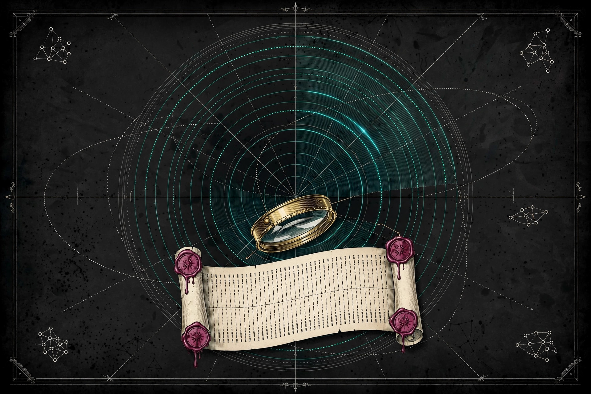 Vintage scientific plate of a certificate-transparency radar with teal rings and magenta verification seals