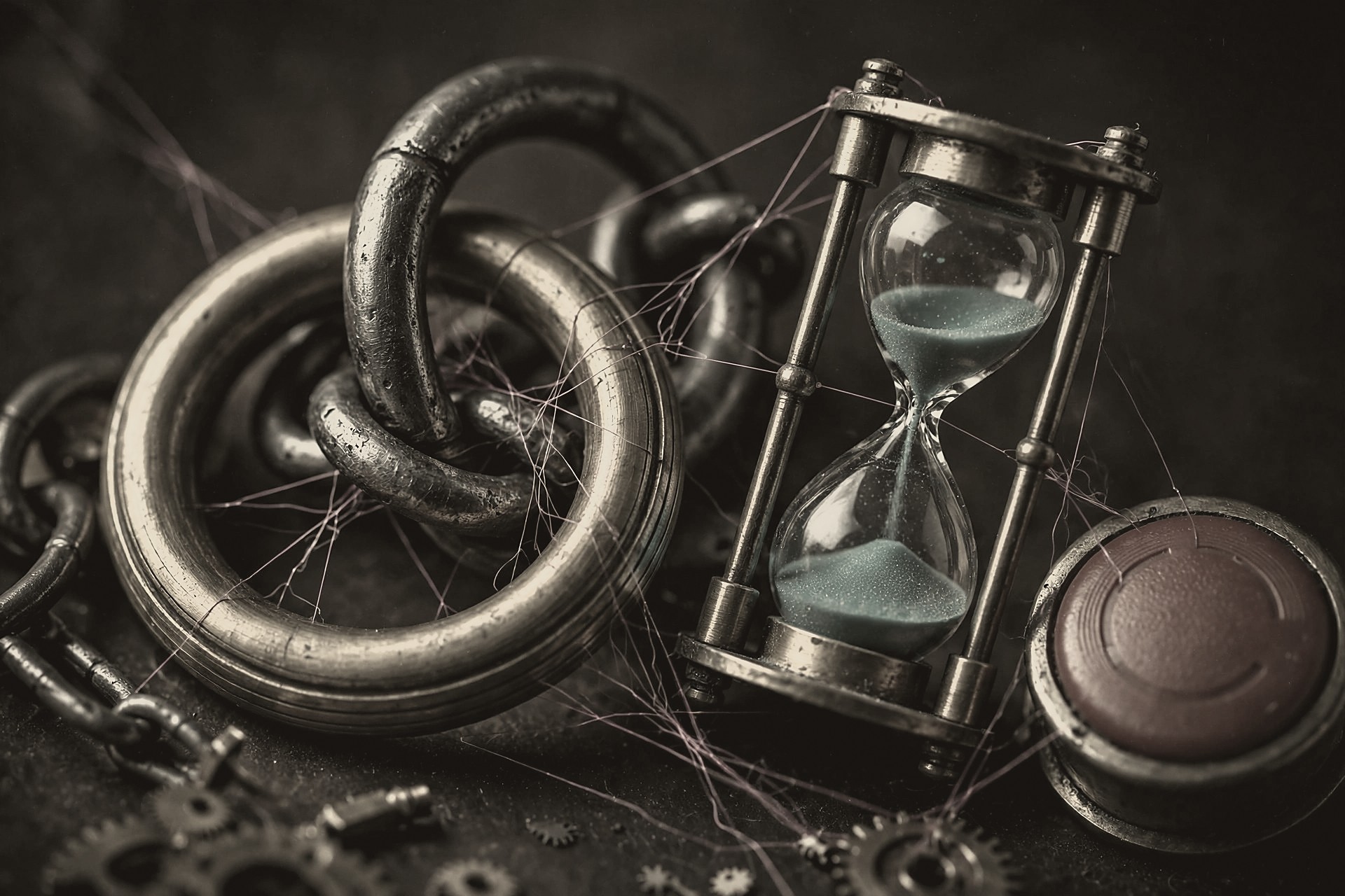 Brass and steel rings interlocked, an hourglass of teal sand, a crimson stop disc, joined by magenta network lines
