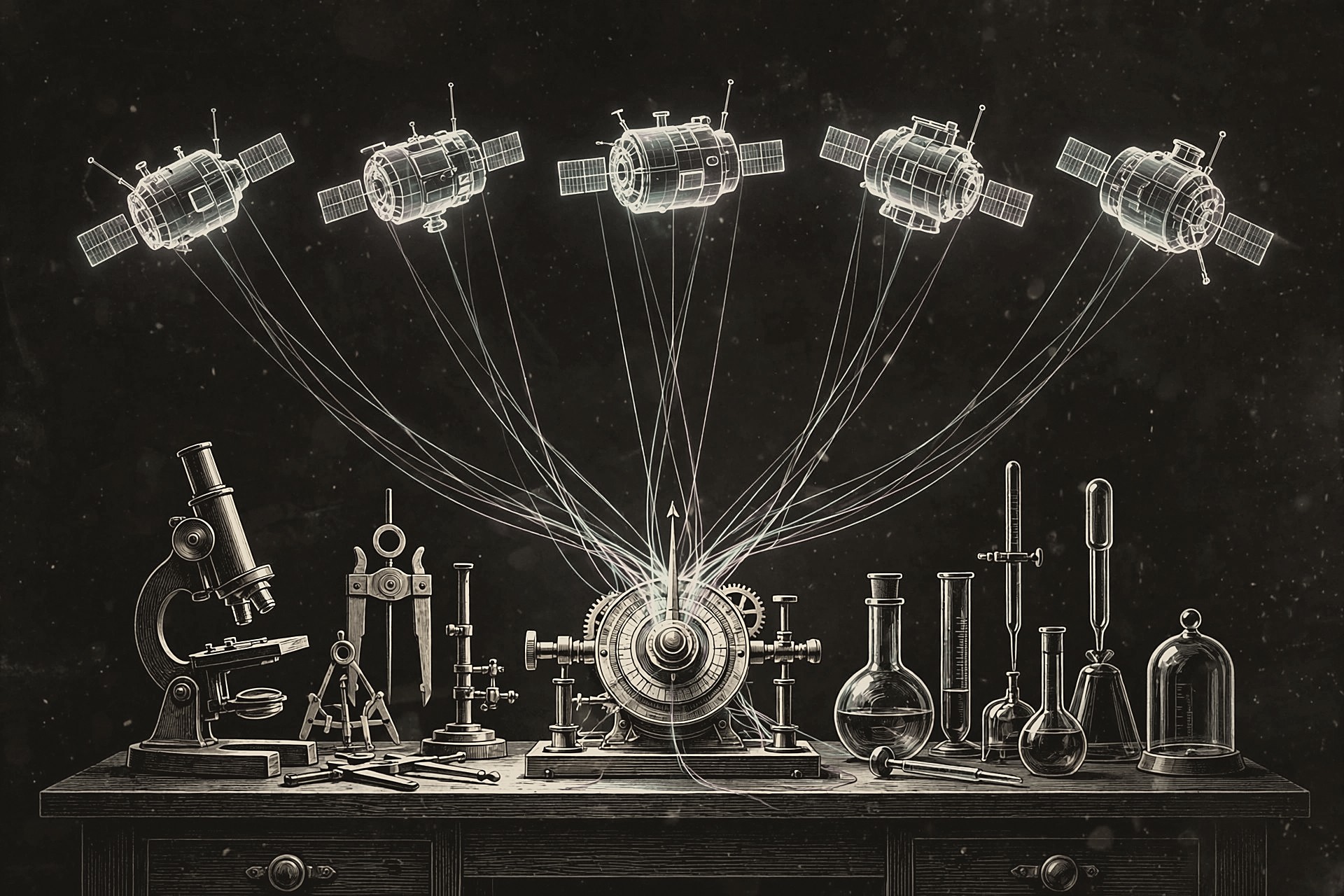 A night laboratory bench with glowing orbital module holograms linked by threads of teal and magenta light